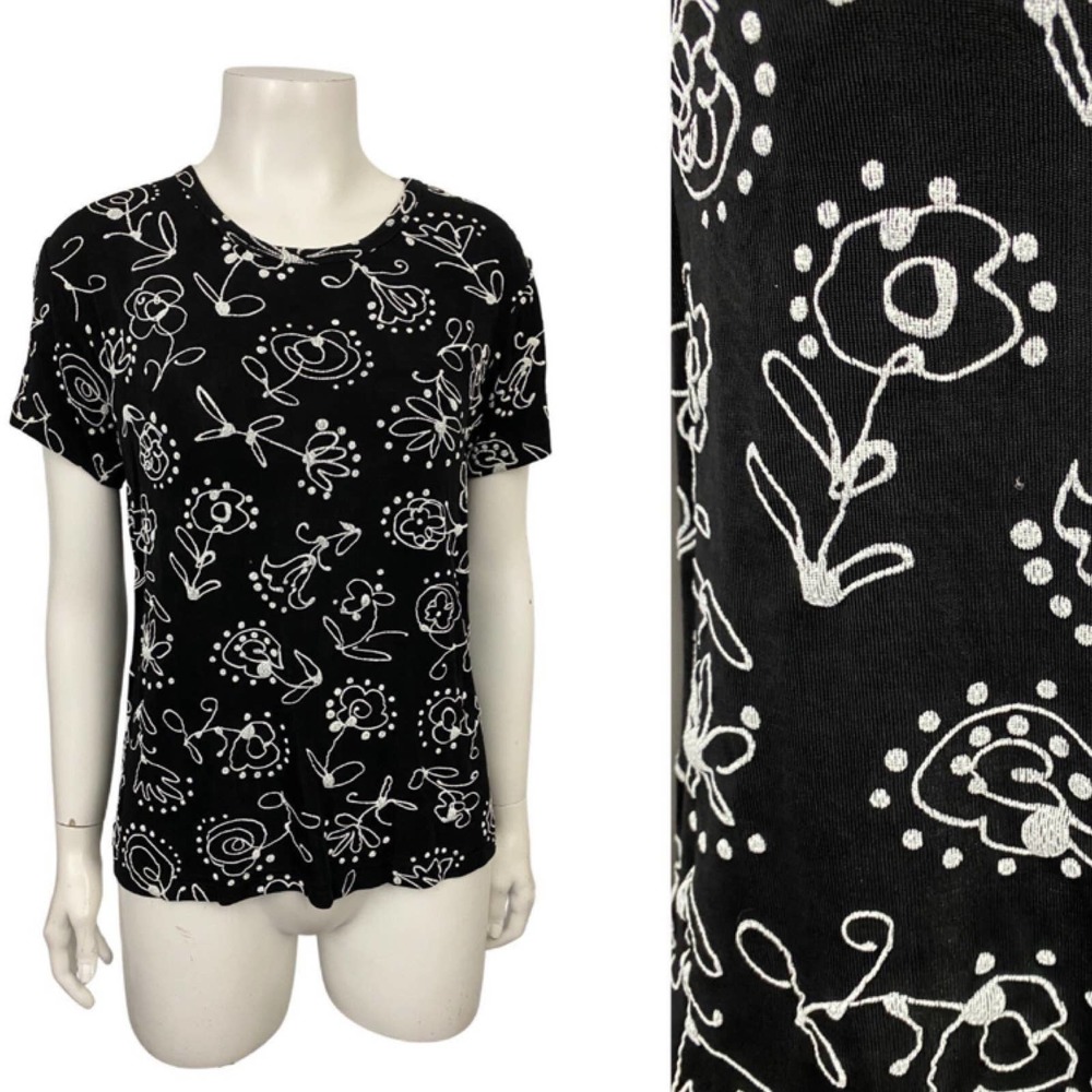 1990s Whimsy Gothic Black and White Floral Stretchy Shirt Top / Women’s Medium *